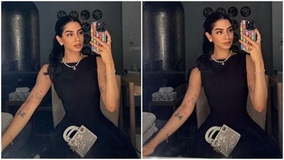 Khushi styled the all-black ensemble with striking accessories. For the jewels, she opted for a pearl-adorned single-string necklace featuring a dainty gold pendant, statement ball-shaped earrings, rings, and dainty bracelets. (Instagram) Khushi styled the all-black ensemble with striking accessories. For the jewels, she opted for a pearl-adorned single-string necklace featuring a dainty gold pendant, statement ball-shaped earrings, rings, and dainty bracelets. (Instagram)