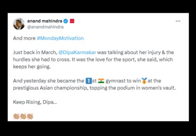 Snapshot of the post by Anand Mahindra for Dipa Karmakar. Snapshot of the post by Anand Mahindra for Dipa Karmakar.