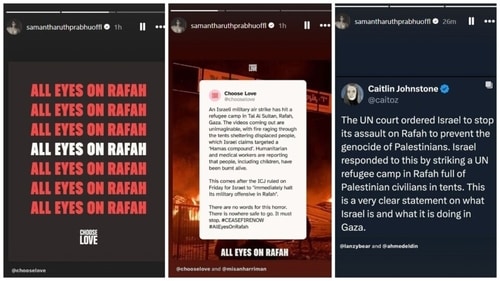 Samantha Ruth Prabhu's Instagram Stories is filled with posts about Palestine. Samantha Ruth Prabhu's Instagram Stories is filled with posts about Palestine.