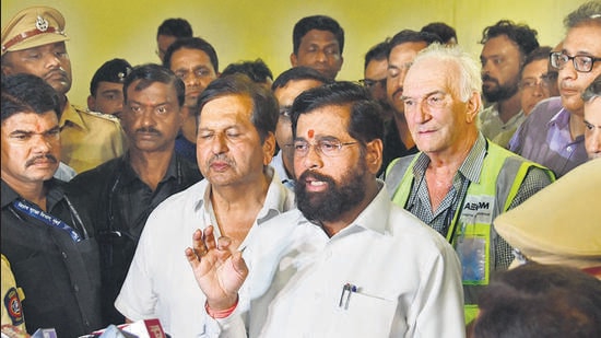 Mumbai, India – May 28, 2024: Maharashtra CM Eknath Shinde and BMC Commissioner Bhushan Gagrani visited at Coastal Road Tunnel after the water leakage was reported inside the newly constructed tunnel of the Mumbai Coastal Road, in Mumbai, India, on Tuesday, May 28, 2024. (Photo by Bhushan Koyande/HT Photo)