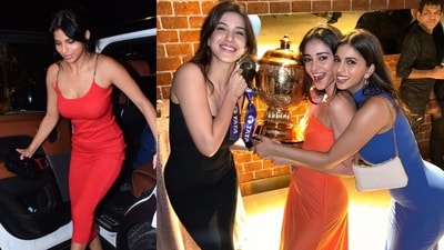 Suhana Khan, Ananya Panday and Shanaya Kapoor posing with the IPL 2024 trophy in bodycon dresses Suhana Khan, Ananya Panday and Shanaya Kapoor posing with the IPL 2024 trophy in bodycon dresses