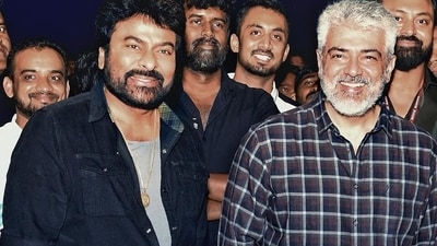 Chiranjeevi and Ajith Kumar met each other in Hyderabad. Chiranjeevi and Ajith Kumar met each other in Hyderabad.