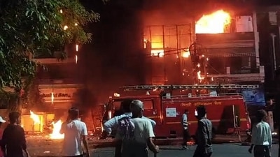 Firefighters attempt to douse the fire after it broke out at a New Born Baby Care Hospital in Vivek Vihar on May 25 (ANI) (HT_PRINT)
