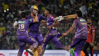 Kolkata Knight Riders players celebrate after winning the Indian Premier League (IPL) 2024 final cricket match against Sunrisers Hyderabad (PTI)