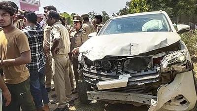 Police personnel near the wreckage of the SUV that allegedly hit a bike, in Gonda on Wednesday. (PTI Photo) Police personnel near the wreckage of the SUV that allegedly hit a bike, in Gonda on Wednesday. (PTI Photo)
