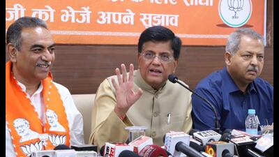 Union commerce and industries minister Piyush Goyal addressing a media conference at the BJP office in Sector 33, Chandigarh, on Wednesday. (HT Photo)