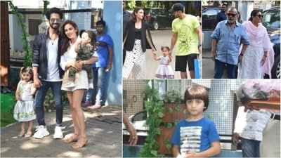 Shahid Kapoor and Mira Rajput pose with their kids Misha and Zain as Pankaj Kapur, wife-actor Supriya Pathak and other celebs and star kids arrive at Misha’s birthday party in 2019. (Pic: Varinder Chawla) 