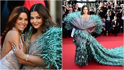 Falguni Shane Peacock also designed Aishwarya's second look. She wore a glittering silver and blue gown adorned with tassels, an exaggerated headpiece attached on the back, and a long train. What did you think of Aishwarya's red carpet looks at Cannes? (Instagram) Falguni Shane Peacock also designed Aishwarya's second look. She wore a glittering silver and blue gown adorned with tassels, an exaggerated headpiece attached on the back, and a long train. What did you think of Aishwarya's red carpet looks at Cannes? (Instagram)