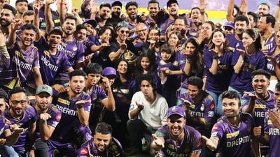 Shah Rukh Khan with the KKR team after they won the IPL.