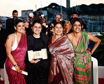 From left: Divya Prabha, Payal Kapadia, Chhaya Kadam and Kani Kusruti after winning the Grand Prix for ‘All We Imagine as Light’ in Cannes on Saturday. (AFP) From left: Divya Prabha, Payal Kapadia, Chhaya Kadam and Kani Kusruti after winning the Grand Prix for ‘All We Imagine as Light’ in Cannes on Saturday. (AFP)