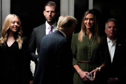 Former U.S. President Donald Trump passes family members, Tiffany Trump, Eric Trump and Lara Trump, as well as real estate investor Steve Witkoff on his way into the courtroom at Manhattan Criminal Court in New York, U.S., May 28, 2024. Julia Nikhinson/Pool via REUTERS (via REUTERS)