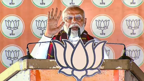 Prime Minister Narendra Modi addresses a public meeting for Lok Sabha elections in Mayurbhanj, Odisha on May 29. (PTI)