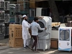 Air coolers for sale at a store during high temperatures in New Delhi, India, on Thursday, May 30, 2024. Air coolers for sale at a store during high temperatures in New Delhi, India, on Thursday, May 30, 2024.