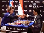 Indian Grandmaster R Praggnanandhaa and Norway's Grandmaster and World No. 1 player Magnus Carlsen during a match. Indian Grandmaster R Praggnanandhaa and Norway's Grandmaster and World No. 1 player Magnus Carlsen during a match.