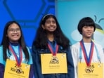 Aditi Muthukumar, 13, of Westminster competitor of the Scripps National Spelling Bee pose for a group photograph after the conclusion of the semifinals, in Oxon Hill, Md., Wednesday, May 29, 2024. (AP Photo/Jacquelyn Martin) Aditi Muthukumar, 13, of Westminster competitor of the Scripps National Spelling Bee pose for a group photograph after the conclusion of the semifinals, in Oxon Hill, Md., Wednesday, May 29, 2024. (AP Photo/Jacquelyn Martin)