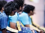 NATIONAL HARBOR, MARYLAND - MAY 29: Nithika Rangan, 14, of Sacramento, California, looks down at their lap before the start of the quarterfinals in the 2024 Scripps National Spelling Bee at the Gaylord National Resort and Convention Center on May 29, 2024 in National Harbor, Maryland. After passing the first three rounds of the competition 148 spellers participated in the quarterfinals during the second day of the competition.   Anna Moneymaker/Getty Images/AFP (Photo by Anna Moneymaker / GETTY IMAGES NORTH AMERICA / Getty Images via AFP)