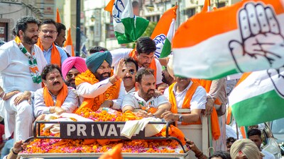 Congress candidate Gurjit Singh Aujla during a roadshow on the last day of the election campaign in Amritsar, Punjab (PTI) Congress candidate Gurjit Singh Aujla during a roadshow on the last day of the election campaign in Amritsar, Punjab (PTI)