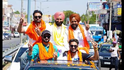 Actor-turned-politician Karamjit Anmol during a roadshow in his Lok Sabha constituency of Faridkot on Thursday.