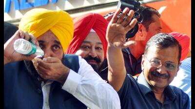 Arvind Kejriwal and Bhagwant Mann, chief ministers of Delhi and Punjab, respectively, during a rally in Patiala on Thursday. (ANI) Arvind Kejriwal and Bhagwant Mann, chief ministers of Delhi and Punjab, respectively, during a rally in Patiala on Thursday. (ANI)