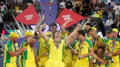 Australia's Mitchell Marsh celebrates with the trophy and teammates after winning the ICC Men's T20 World Cup (REUTERS)