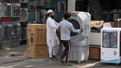 Air coolers for sale at a store during high temperatures in New Delhi, India, on Thursday, May 30, 2024. (Prakash Singh/Bloomberg) Air coolers for sale at a store during high temperatures in New Delhi, India, on Thursday, May 30, 2024. (Prakash Singh/Bloomberg)