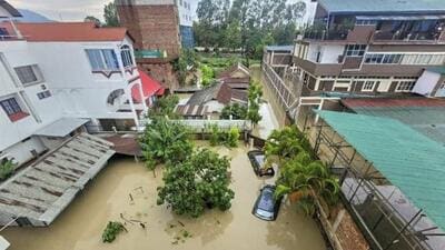 Manipur chief minister N Biren Singh’s residence submerged in floodwater in Imphal on Thursday. (PTI) Manipur chief minister N Biren Singh’s residence submerged in floodwater in Imphal on Thursday. (PTI)