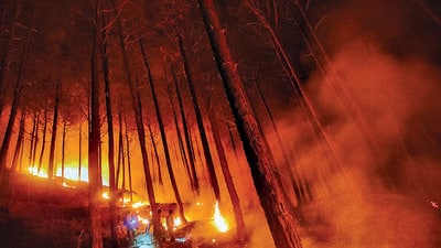 Smoke billows during a forest fire in Uttarkashi in Uttarakhand on Wednesday. (PTI) Smoke billows during a forest fire in Uttarkashi in Uttarakhand on Wednesday. (PTI)