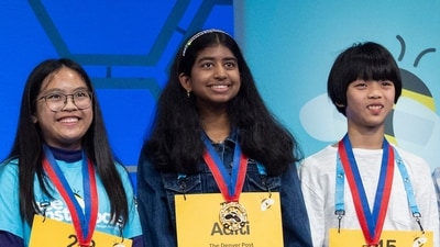 Aditi Muthukumar, 13, of Westminster competitor of the Scripps National Spelling Bee pose for a group photograph after the conclusion of the semifinals, in Oxon Hill, Md., Wednesday, May 29, 2024. (AP Photo/Jacquelyn Martin) (AP)