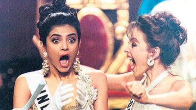 Sushmita Sen exults after she was named the winner of Miss Universe in 1994, as Carolina Gomez (right) of Colombia reacts beside her on May 21, 1994, in the Philippines. (AFP) Sushmita Sen exults after she was named the winner of Miss Universe in 1994, as Carolina Gomez (right) of Colombia reacts beside her on May 21, 1994, in the Philippines. (AFP)