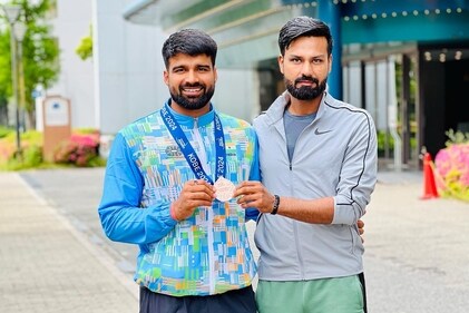 Chaudhary with his coach Vipin Kasana, The para athlete is currently training at a camp organised by the Sports Authority of India (SAI) at Jawaharlal Nehru Stadium in Delhi. (Photo: Instagram) Chaudhary with his coach Vipin Kasana, The para athlete is currently training at a camp organised by the Sports Authority of India (SAI) at Jawaharlal Nehru Stadium in Delhi. (Photo: Instagram)
