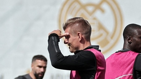 Real Madrid's German midfielder #08 Toni Kroos gestures as he attends a training session at the Santiago Bernabeu (AFP)