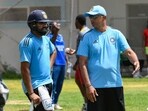 Rohit Sharma (L) and Rahul Dravid (R) during a training session for T20 World Cup Rohit Sharma (L) and Rahul Dravid (R) during a training session for T20 World Cup