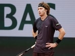 Russia's Andrey Rublev reacts after missing a shot against Italy's Matteo Arnaldi during their third round match of the French Open