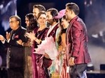 Mukesh Ambani, Isha Ambani Piramal, Anand Piramal, Nita Ambani, Anant Ambani, Rihanna, Radhika Merchant, Shloka Mehta Ambani and Akash Ambani during pre-wedding celebrations of Anant and Radhika in Jamnagar, Gujarat.
