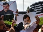 Mumbai, India – May 30, 2024: Bharatiya Janata Yuva Morch (BJYM) activists protest against NCP leader Jitendra Awhad who allegedly tore a poster carrying a picture of Dr. BR Ambedkar, in Mumbai, India, on Thursday, May 30, 2024. (Photo by Bhushan Koyande/HT Photo) Mumbai, India – May 30, 2024: Bharatiya Janata Yuva Morch (BJYM) activists protest against NCP leader Jitendra Awhad who allegedly tore a poster carrying a picture of Dr. BR Ambedkar, in Mumbai, India, on Thursday, May 30, 2024. (Photo by Bhushan Koyande/HT Photo)