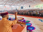 Hamirpur: Uttar Pradesh chief minister Yogi Adityanath addresses a rally in support of party candidate and union minister, Anurag Thakur.(PTI file photo)