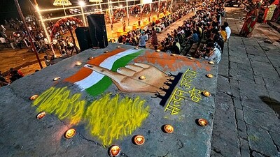A voting awareness message displayed at Assi Ghat during the Lok Sabha elections, Varanasi, Friday, May 31 (PTI)