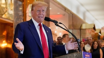 Former President Donald Trump speaks during a news conference at Trump Tower, Friday, May 31, 2024, in New York. A day after a New York jury found Donald Trump guilty of 34 felony charges, the presumptive Republican presidential nominee addressed the conviction and likely attempt to cast his campaign in a new light. (AP Photo/Julia Nikhinson) (AP) Former President Donald Trump speaks during a news conference at Trump Tower, Friday, May 31, 2024, in New York. A day after a New York jury found Donald Trump guilty of 34 felony charges, the presumptive Republican presidential nominee addressed the conviction and likely attempt to cast his campaign in a new light. (AP Photo/Julia Nikhinson) (AP)