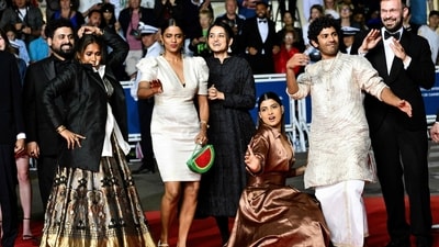 Zico Maitra, Chhaya Kadam, Kani Kusruti, Payal Kapadia, Divya Prabha, Hridhu Haroon and Thomas Hakim danced as they arrived for the screening of All We Imagine as Light at Cannes Film Festival in Cannes. (AFP/Christophe Simon) Zico Maitra, Chhaya Kadam, Kani Kusruti, Payal Kapadia, Divya Prabha, Hridhu Haroon and Thomas Hakim danced as they arrived for the screening of All We Imagine as Light at Cannes Film Festival in Cannes. (AFP/Christophe Simon)
