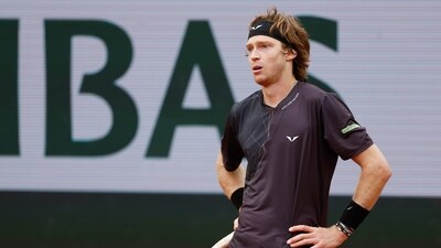 Russia's Andrey Rublev reacts after missing a shot against Italy's Matteo Arnaldi during their third round match of the French Open (AP) Russia's Andrey Rublev reacts after missing a shot against Italy's Matteo Arnaldi during their third round match of the French Open (AP)