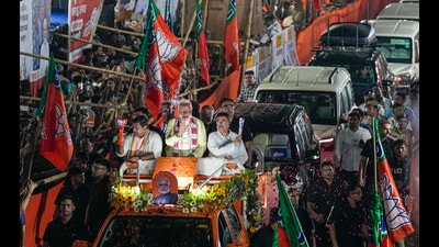 Kolkata: Prime Minister Narendra Modi with West Bengal BJP president Sukanta Majumdar and party leader Suvendu Adhikari during a roadshow for Lok Sabha elections, in Kolkata on May 28 (PTI FILE) Kolkata: Prime Minister Narendra Modi with West Bengal BJP president Sukanta Majumdar and party leader Suvendu Adhikari during a roadshow for Lok Sabha elections, in Kolkata on May 28 (PTI FILE)