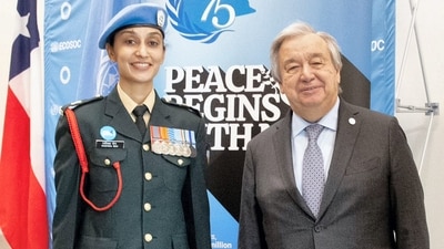Secretary-General of the United Nations Antonio Guteress with Indian Army Major Radhika Sen (PTI) Secretary-General of the United Nations Antonio Guteress with Indian Army Major Radhika Sen (PTI)