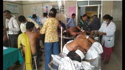 Polling personnel in Sonbhadra admitted to the district hospital after they fell sick on Friday. (Sourced) Polling personnel in Sonbhadra admitted to the district hospital after they fell sick on Friday. (Sourced)