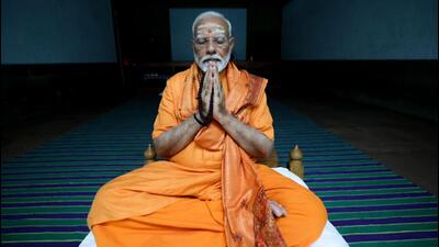 Prime Minister Narendra Modi meditates at the Vivekananda Rock Memorial in Kanniyakumari on Friday. (PTI Photo) Prime Minister Narendra Modi meditates at the Vivekananda Rock Memorial in Kanniyakumari on Friday. (PTI Photo)