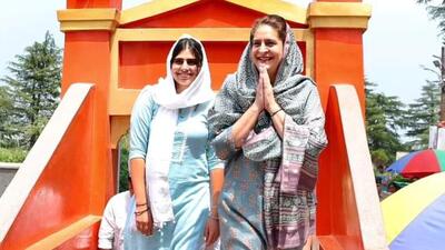 Priyanka Gandhi and daughter Miraya after paying obeisance at Shimla’s Jakhu temple. (HT Photo)