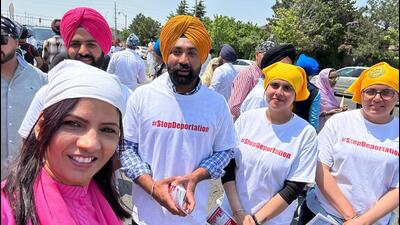 Ravinderpreet Singh (orange turban) at a protest against potential deportation of ex-students from India, in the Greater Toronto Area last summer. (Supplied photo) Ravinderpreet Singh (orange turban) at a protest against potential deportation of ex-students from India, in the Greater Toronto Area last summer. (Supplied photo)