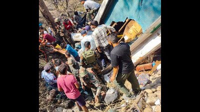 Rescue operation underway after a bus carrying pilgrims plunged in a gorge at Tungi Morh, in Akhnoor sub division of Jammu. (PTI FILE)