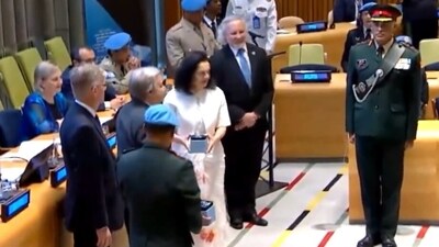 India’s Permanent Representative to the UN Ambassador, Ruchira Kamboj, received the medal from UN Secretary-General Antonio Guterres. (X/ ruchirakamboj) India’s Permanent Representative to the UN Ambassador, Ruchira Kamboj, received the medal from UN Secretary-General Antonio Guterres. (X/ ruchirakamboj)
