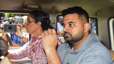Suspended JD(S) MP Prajwal Revanna, facing allegations of sexually abusing several women, being taken to a hospital for medical examination under tight security, in Bengaluru on Friday. (PTI) Suspended JD(S) MP Prajwal Revanna, facing allegations of sexually abusing several women, being taken to a hospital for medical examination under tight security, in Bengaluru on Friday. (PTI)