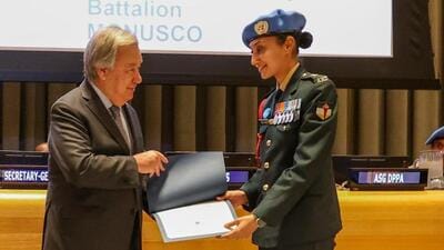 UN Secretary-General Antonio Guterres conferred Major Sen with the prestigious Dag Hammarskjold medal and the ‘2023 United Nations Military Gender Advocate of the Year Award’ during a ceremony at the world body’s headquarters on Thursday (Twitter/@UNinIndia) UN Secretary-General Antonio Guterres conferred Major Sen with the prestigious Dag Hammarskjold medal and the ‘2023 United Nations Military Gender Advocate of the Year Award’ during a ceremony at the world body’s headquarters on Thursday (Twitter/@UNinIndia)